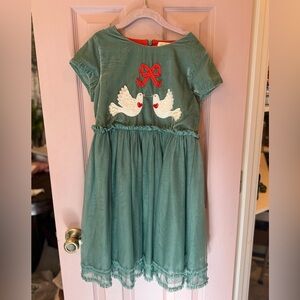 Mini Boden Velvet Green Dress with Dove Appliqué Girls 9-10Y
